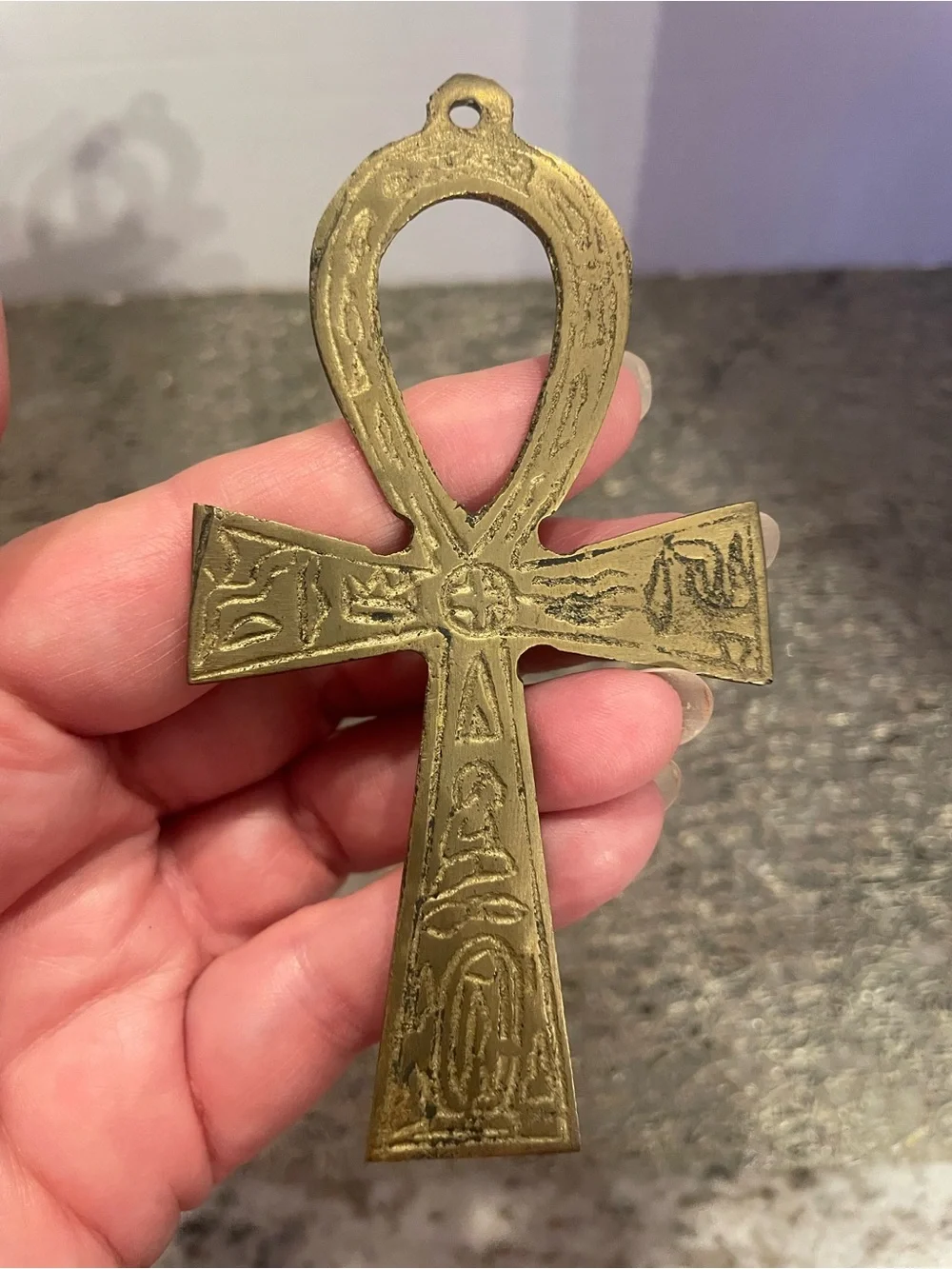 Vintage Brass Egyptian Ankh Wall Hanging. “Key of Life”, Engraved Hieroglyphics